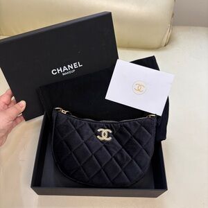 CHANEL Black Quilted Velvet Crescent Mini Bag with Gold CC